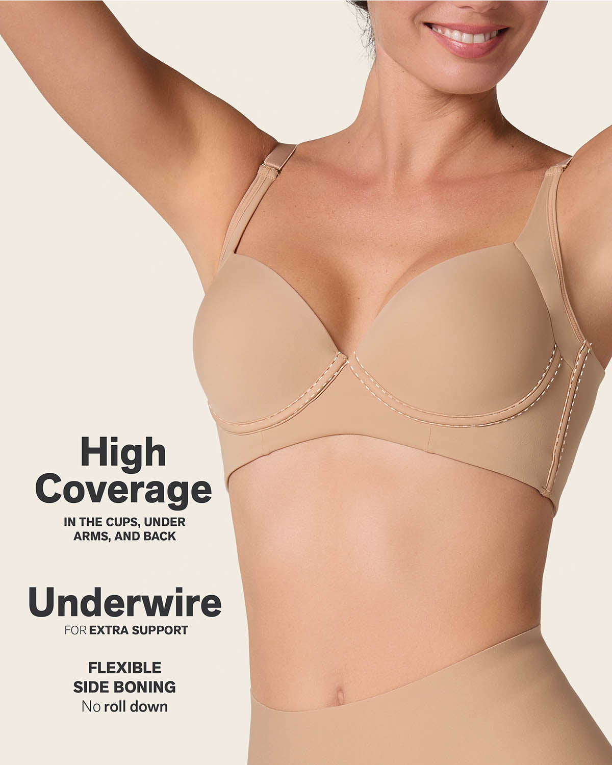 High profile back smoothing bra with soft full coverage cups#color_801-golden-beige