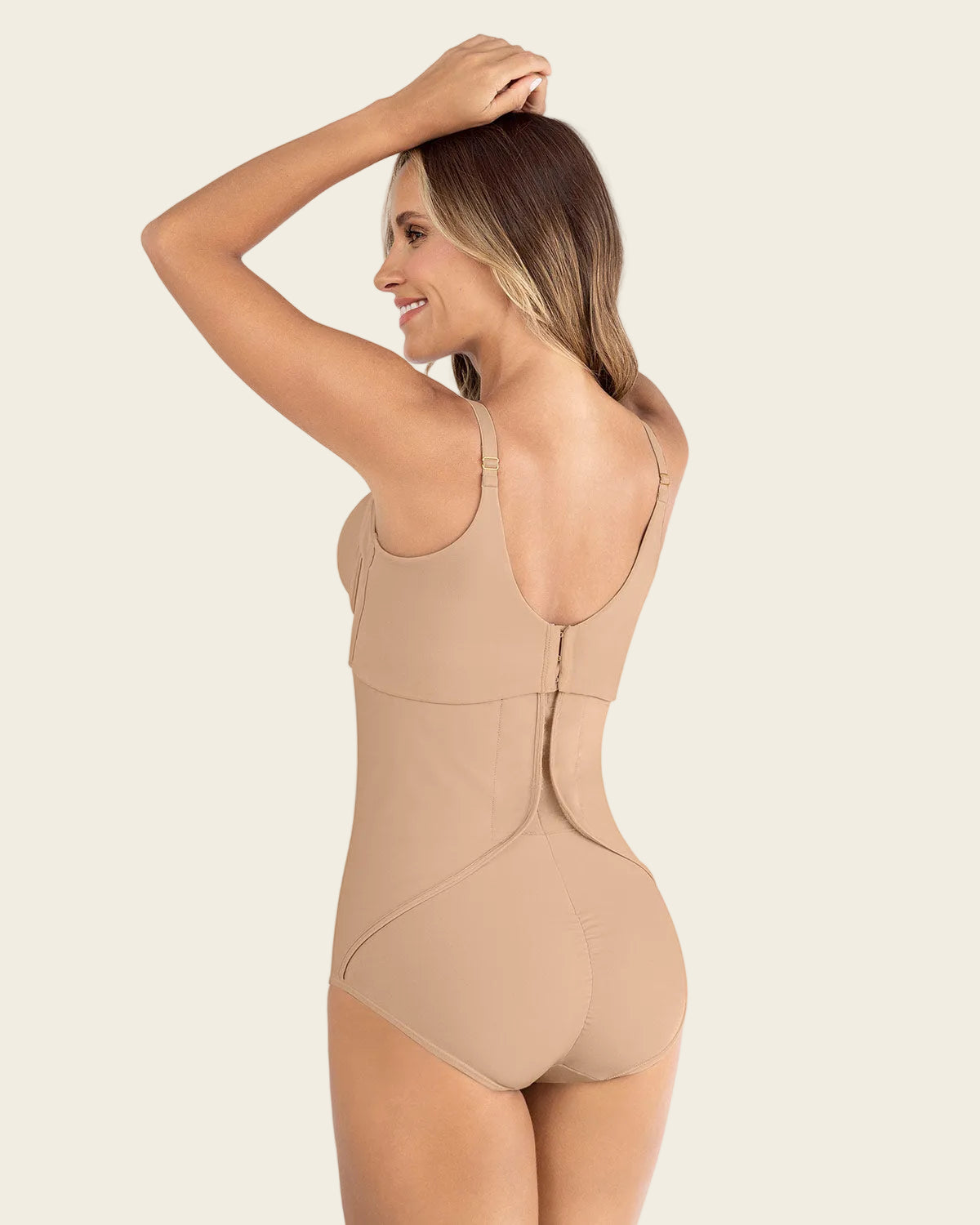 High-waisted firm compression postpartum panty with adjustable belly wrap#color_801-golden-beige