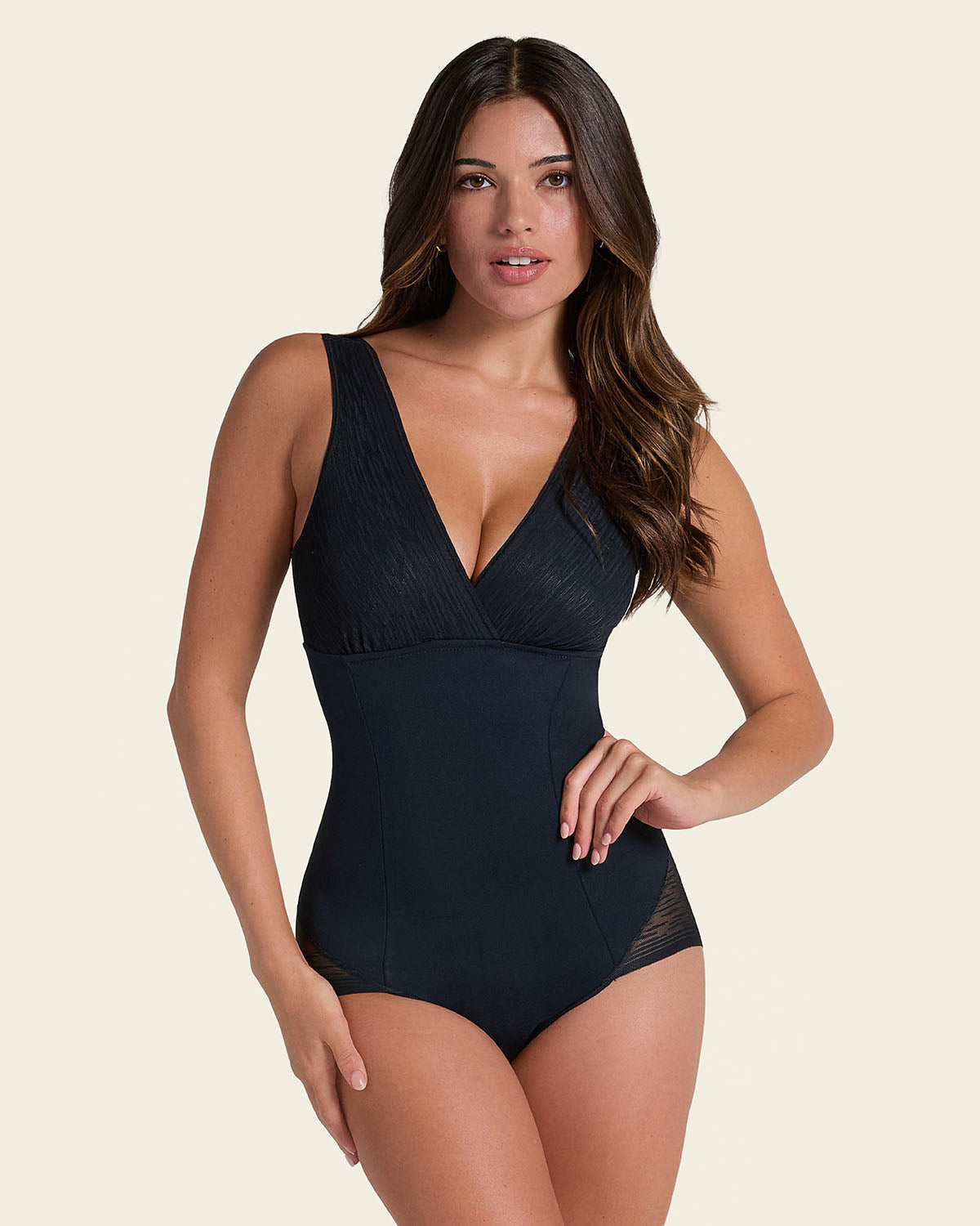Sheer stripe detail sculpting bodysuit#color_700-black