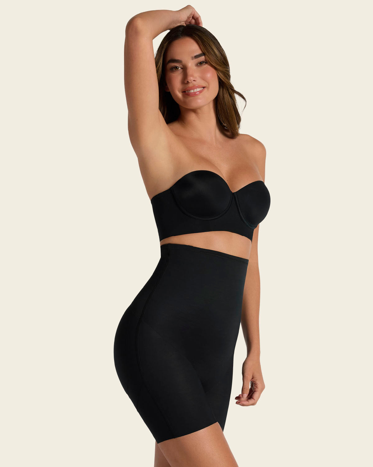 Strapless sculpting step-in body shaper with short bottom#color_700-black