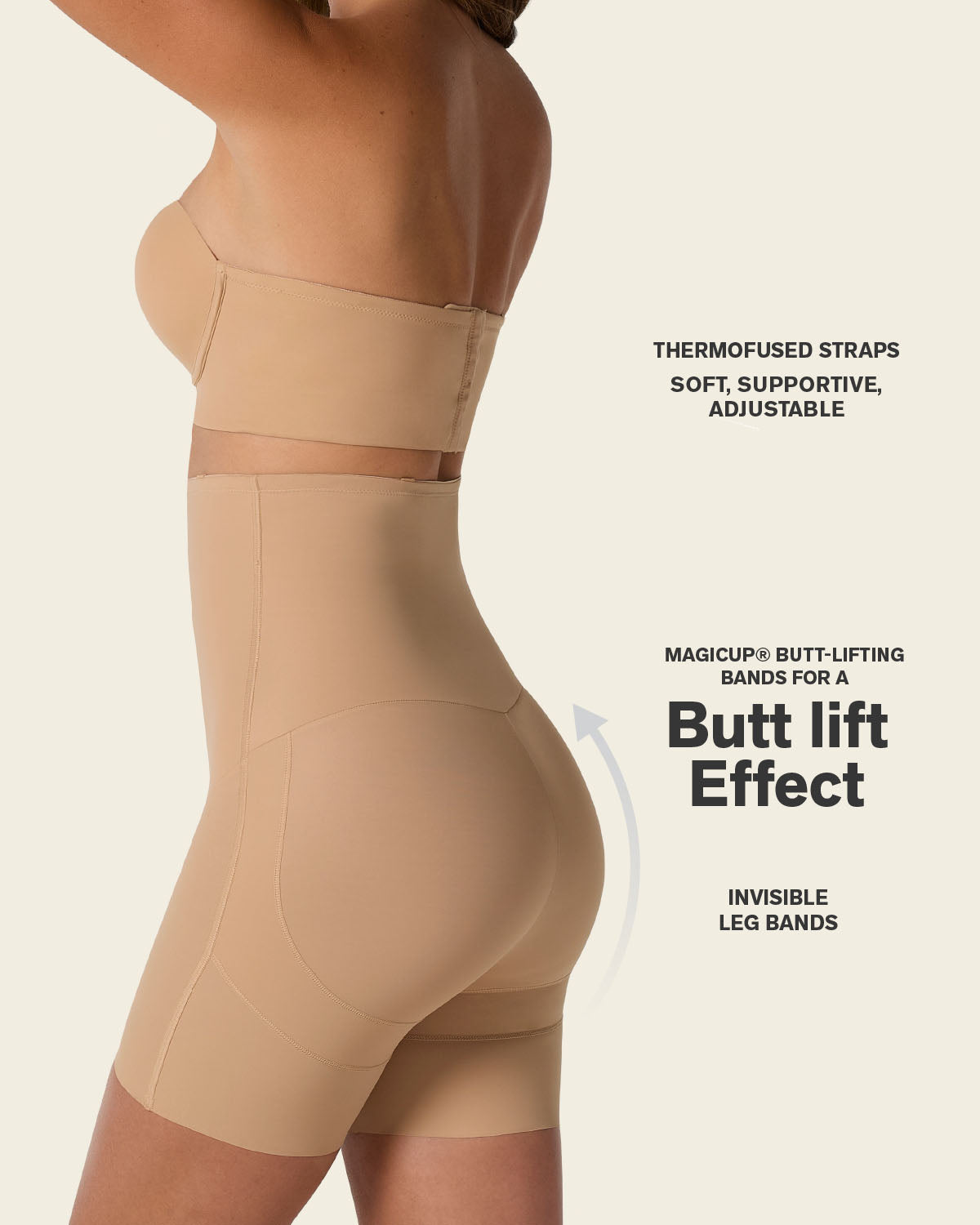 Strapless sculpting step-in body shaper with short bottom#color_801-golden-beige