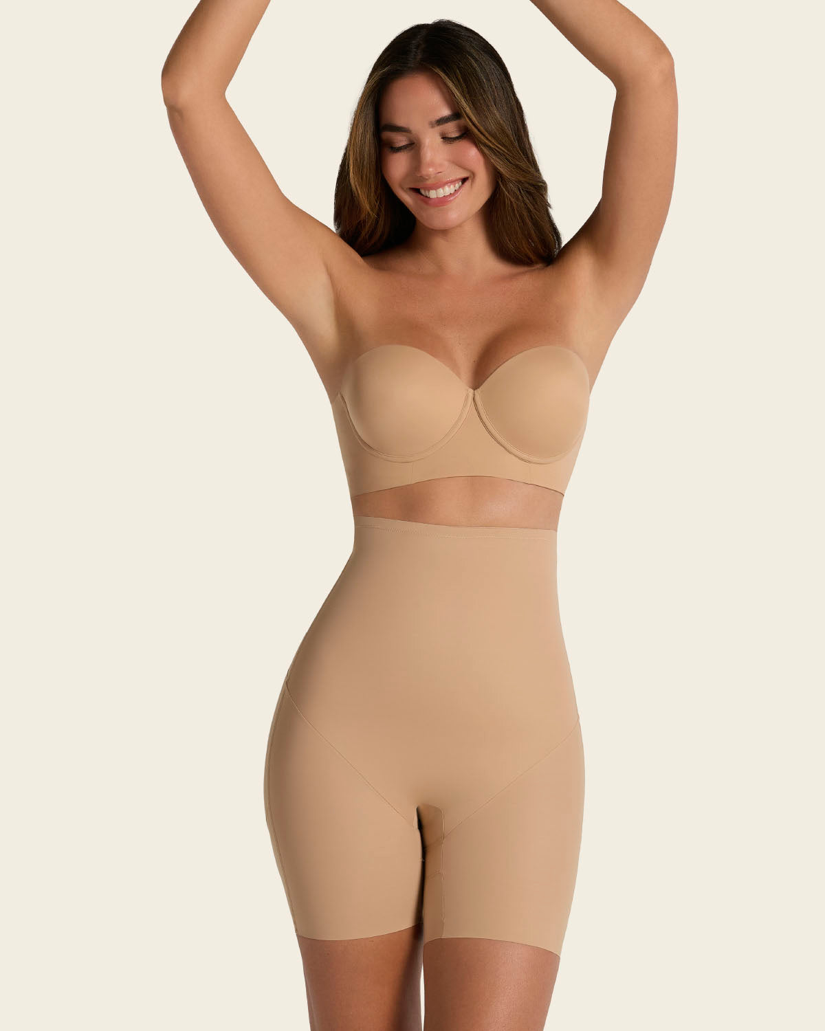 Strapless sculpting step-in body shaper with short bottom#color_801-golden-beige