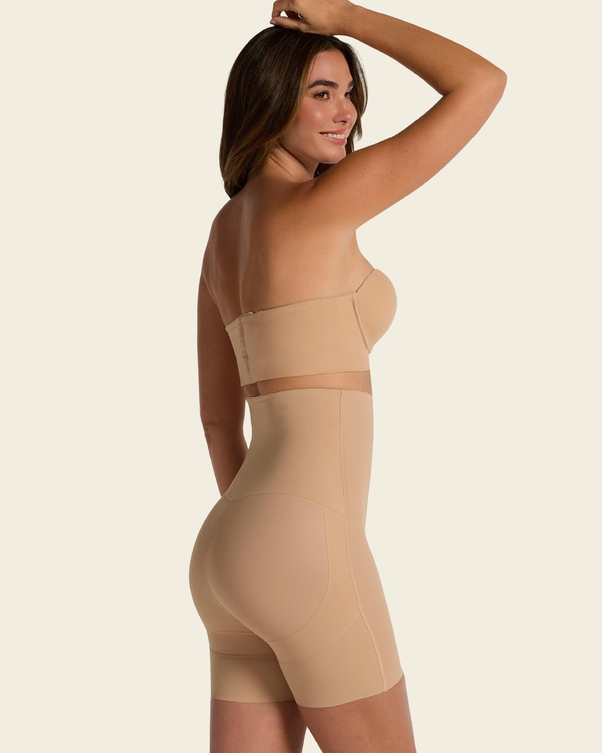 Strapless sculpting step-in body shaper with short bottom#color_801-golden-beige