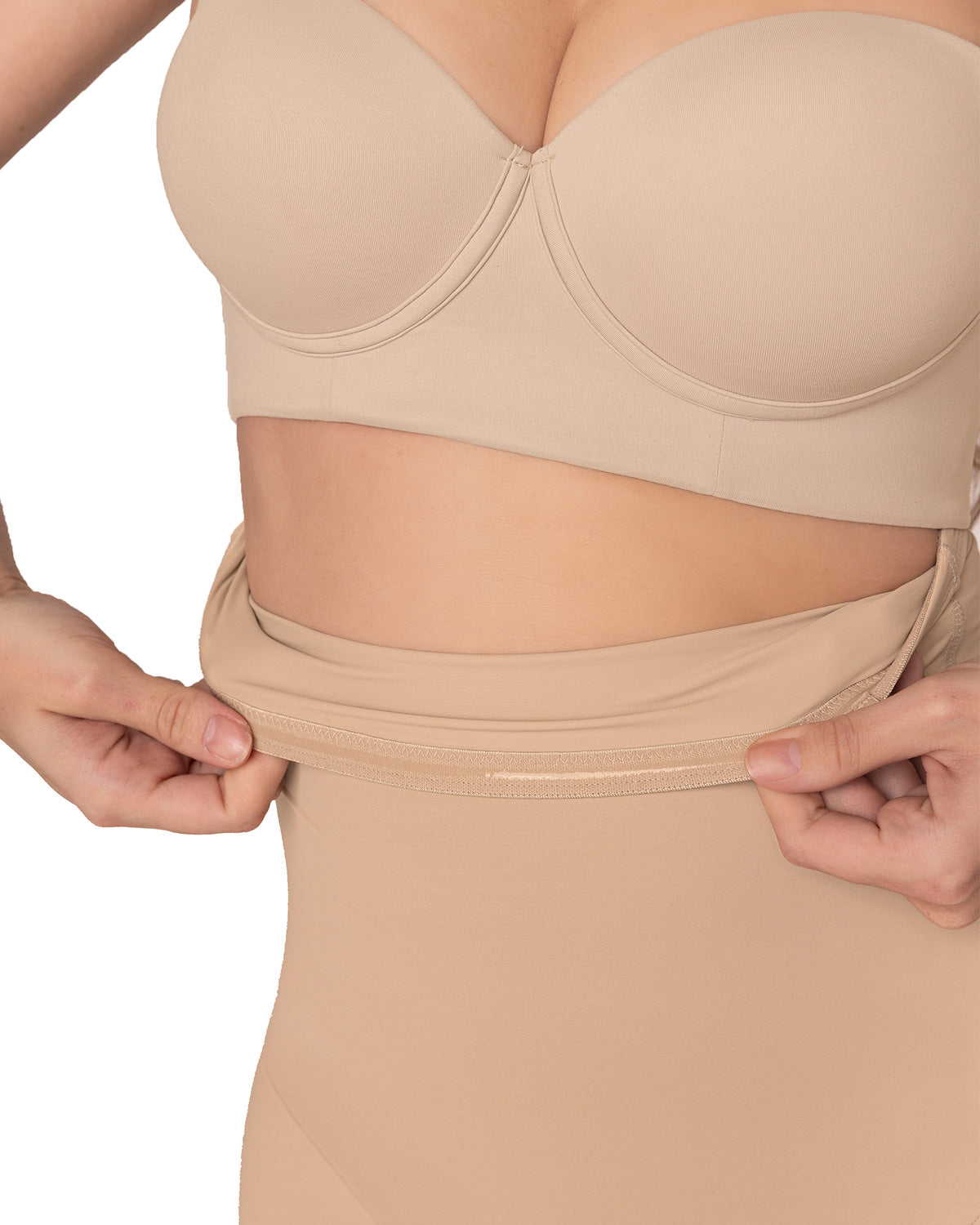 Strapless sculpting step-in body shaper with short bottom#color_801-golden-beige