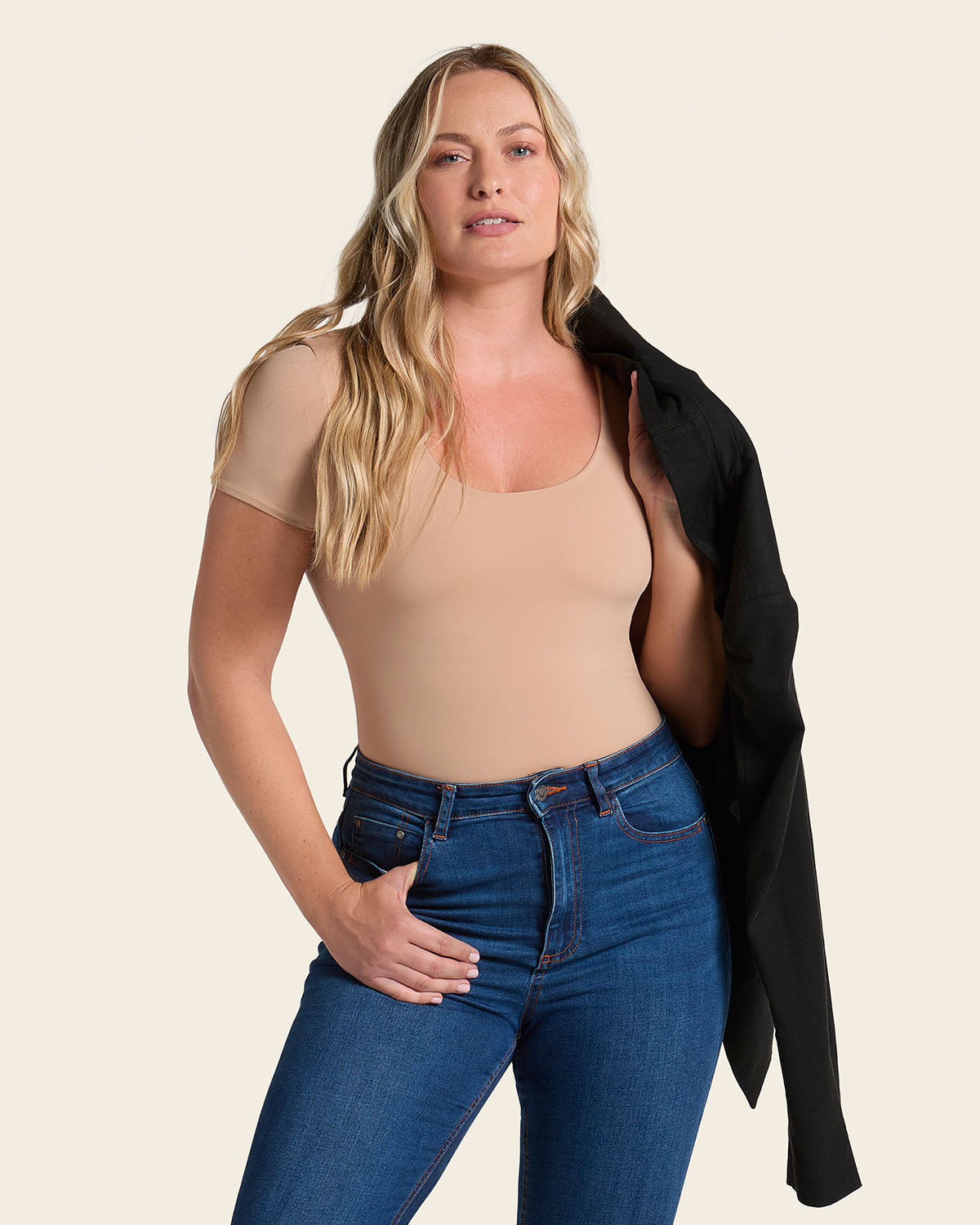 Short Sleeve Round Neck Shaper Bodysuit#color_801-golden-beige