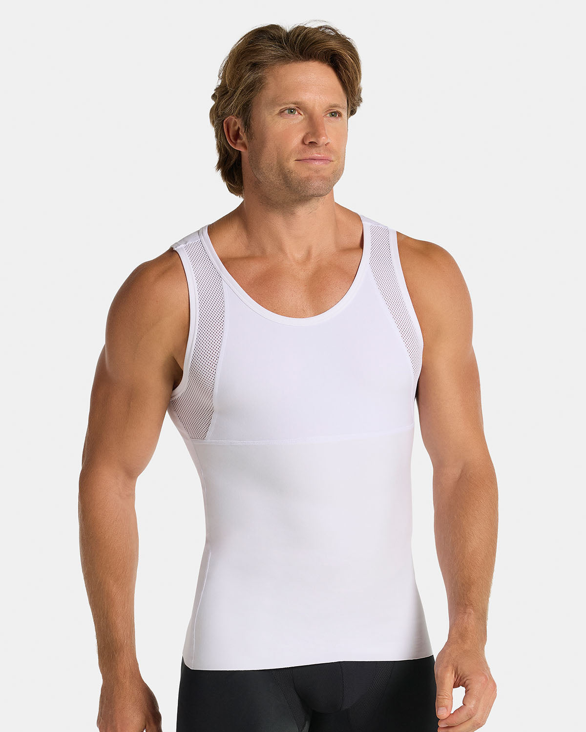 Stretch Cotton Moderate Compression Shaper Tank with Mesh Cutouts#color_000-white