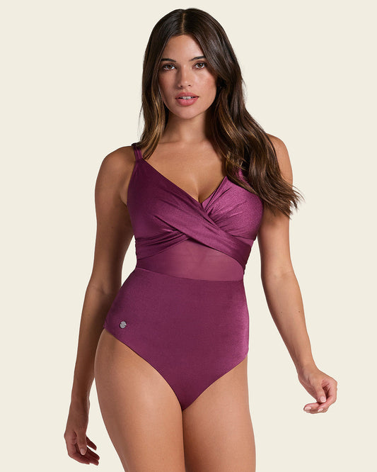 One Piece Swimsuit with Criss Cross Neckline and Tulle#color_466-midnight-plum